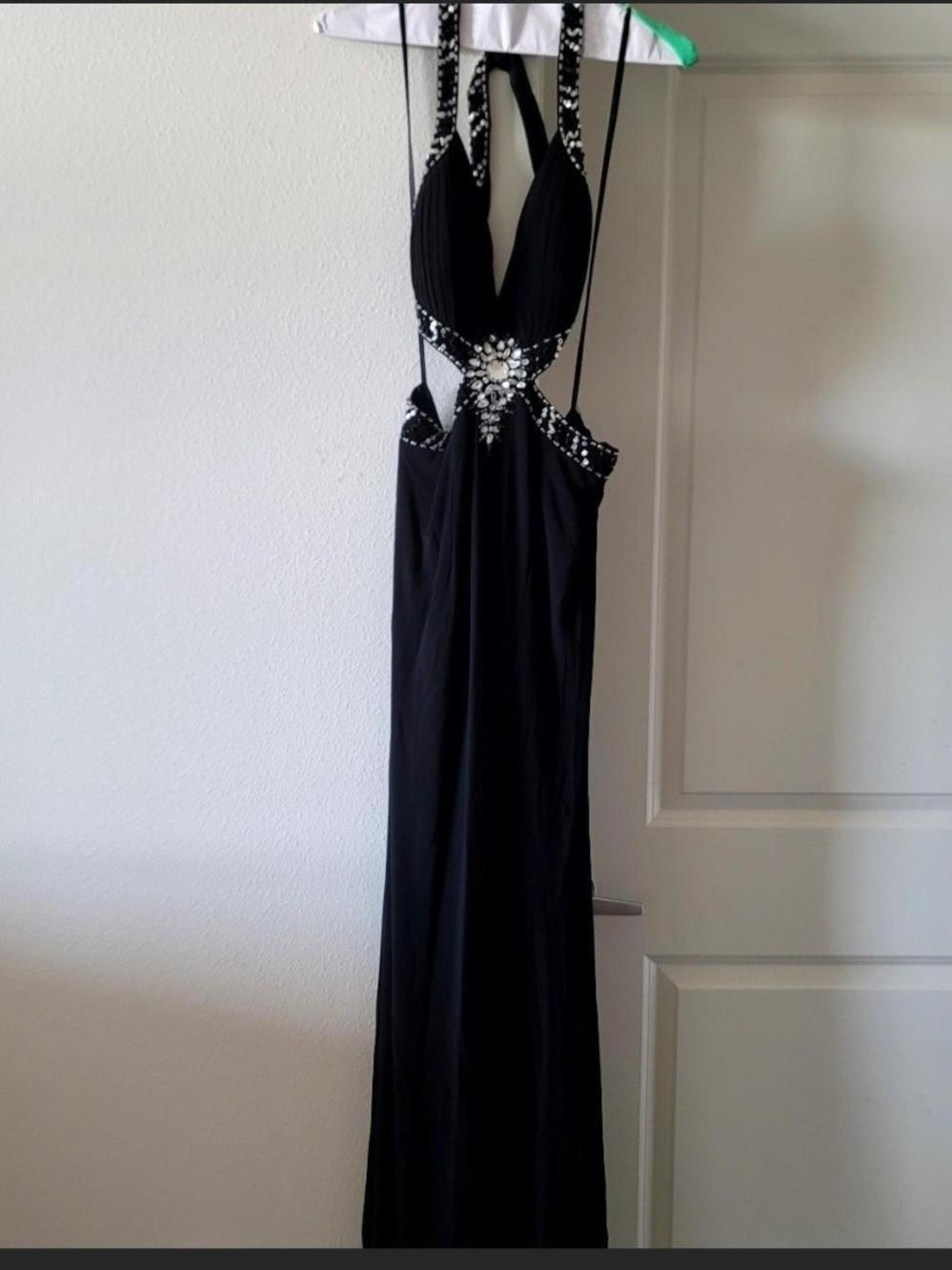 Cachet Black Halter Prom Dress with Crystal Accents